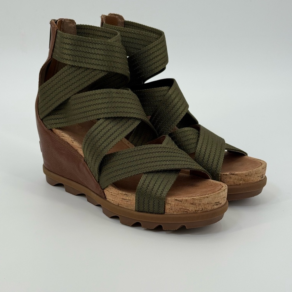 SOREL Joanie II Leather Modern Olive Green Wedge Heeled Sandal Stretch Straps - Picture 11 of 17